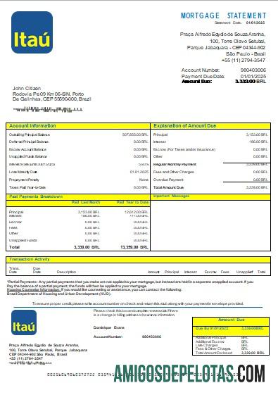 Extrato de hipoteca do Banco Itaú do Brasil Scr exemplo